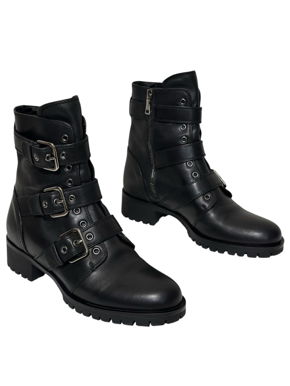 Prada Black Leather Triple Buckle Lug Sole Combat Booties size EU 39 US 9 Biker